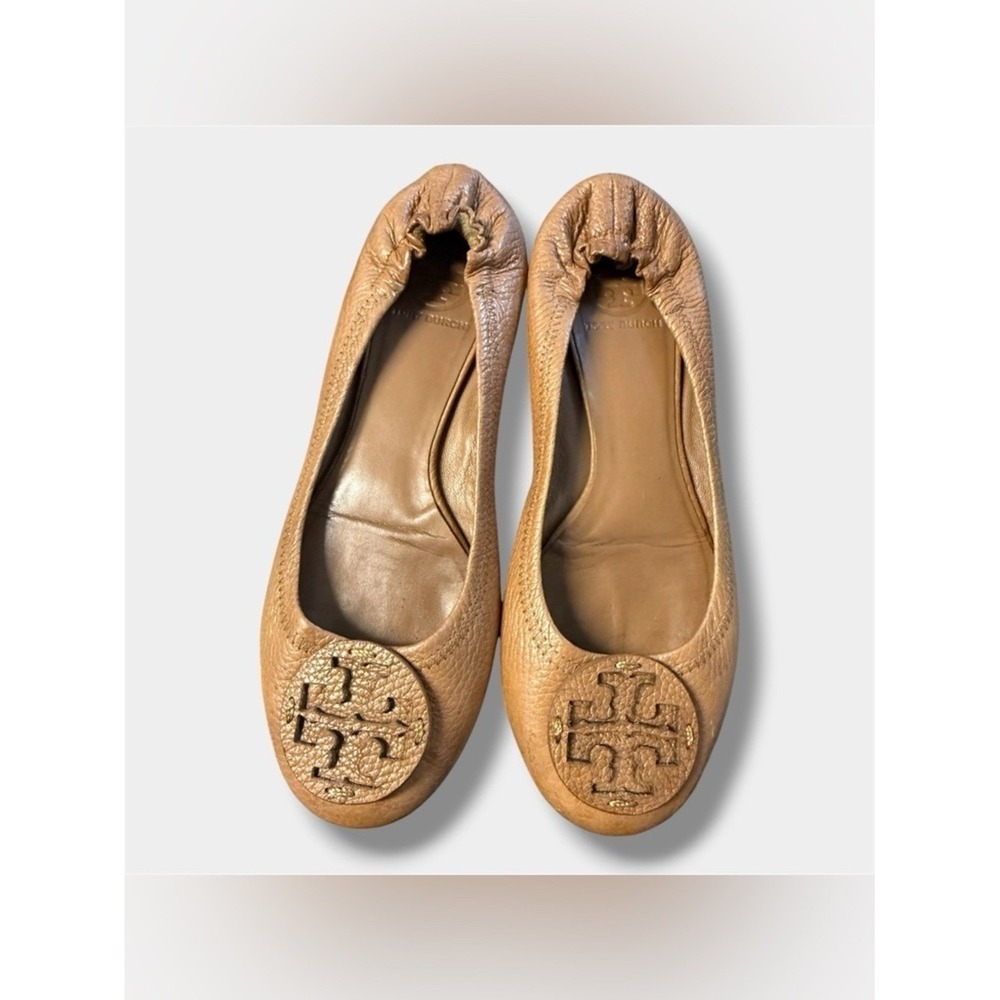Tory Burch Eleanor Ballet Flats Women sz 9.5 Tan Leather Logo Emblem